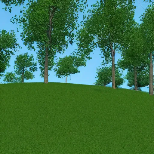 Image similar to green hill with trees, day, no shadows, 8k, realistic