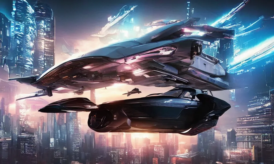 Image similar to cyberpunk, futurisric, flying, city, flying car, spaceship,