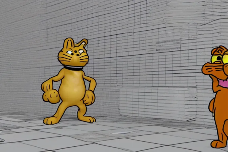 Image similar to garfield in SCP containment cell