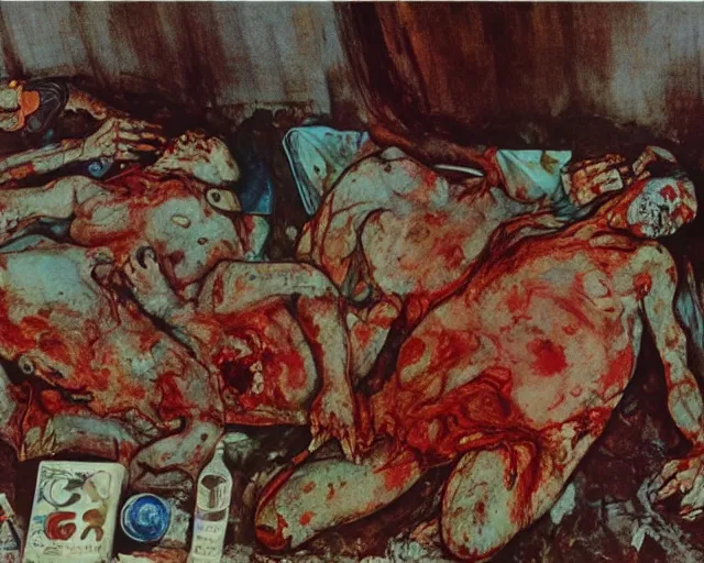 Image similar to overhead image of a dead couple in style of Francis Bacon and Egon Schiele and Willem de kooning, interior room with a pool of blood and stray dog barking, messy living room with beer cans on the floor. Art by Henry Clarke, Still from 1982 movie The Thing. Beksiński Masterpiece