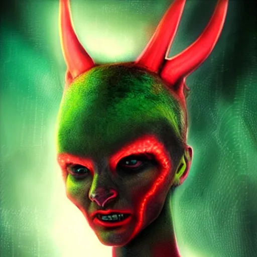 Prompt: realistic female alien, medium shot portrait, devil horns,,!!!!! human eyes!!!!!!, green body. red eyes, background flames