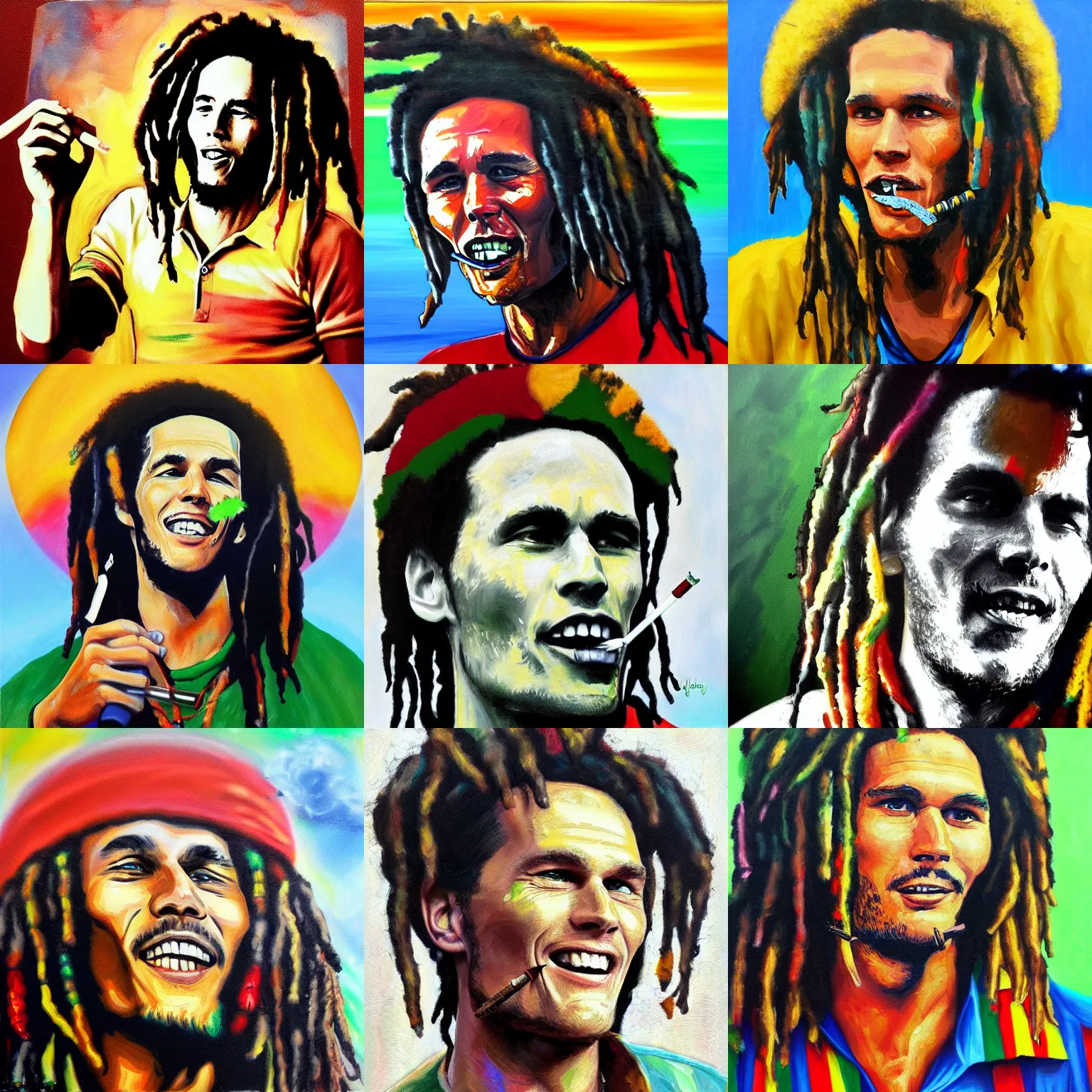 Prompt: Tom Brady as Bob Marley smoking a Marijuana Cigarette, Oil on Canvas, Rastafarian, Digital Art, Trending on Artstation