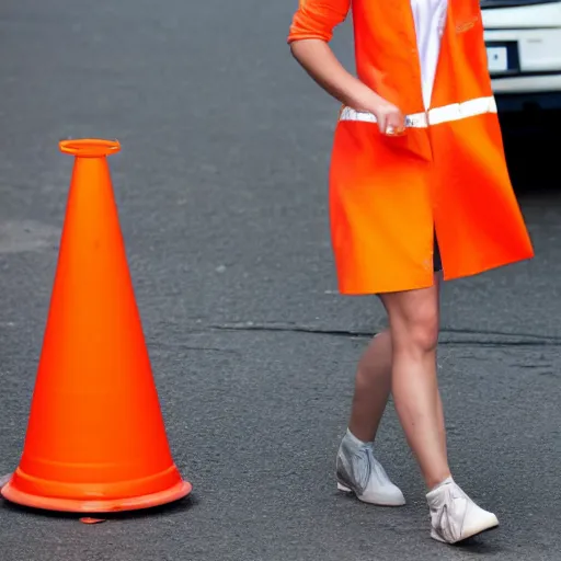 Image similar to margot robbie stealing a traffic cone, 4 k