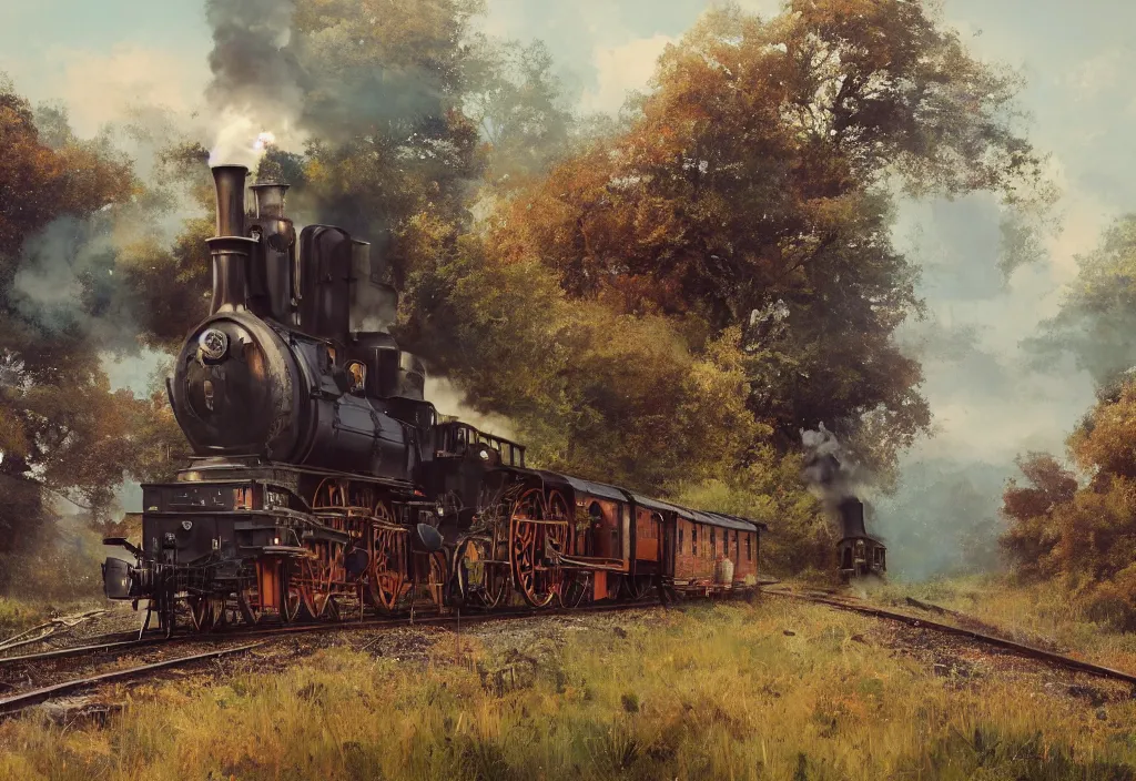 Image similar to a 1 9 th century steam train in a stunning landscape by ismail inceoglu, oil on canvas, line art, winning - award masterpiece, fantastic, octane render, 8 k hd resolution, high quality image