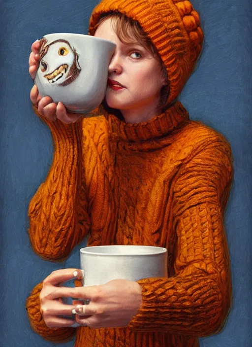 Prompt: a pumpkin wearing a sweater and holding a human head mug, highly detailed, centered, solid color background, digital painting, artstation, concept art, smooth, sharp focus, illustration, donato giancola Joseph Christian Leyendecker, Les Edwards, Ed Repka, Basil Gogos, WLOP, Artgerm