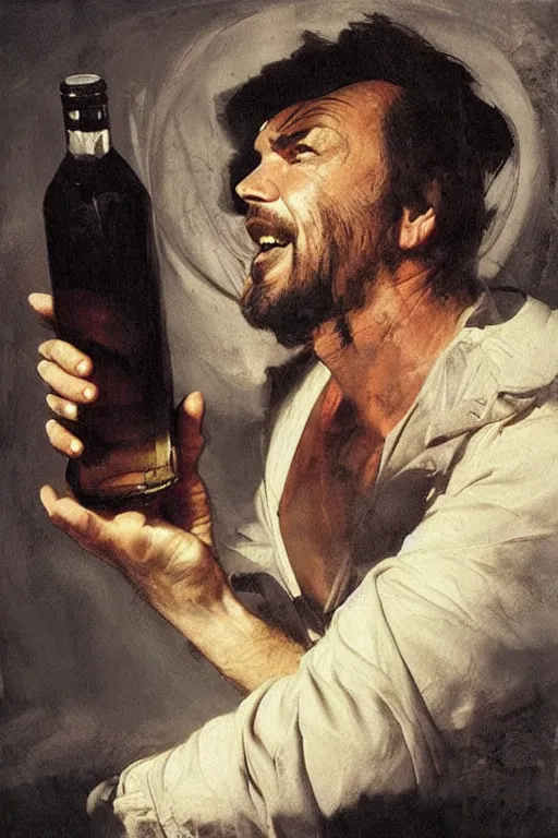 Prompt: a ship in a bottle but instead of a ship it is jack nicholson in the bottle, painting by caravaggio, ruan jia, jakub rebelka, artgerm, greg rutkowski, edgar maxence