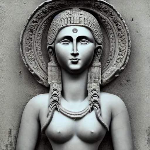 Image similar to portrait of beautiful ancient female god, artistic, symmetric.