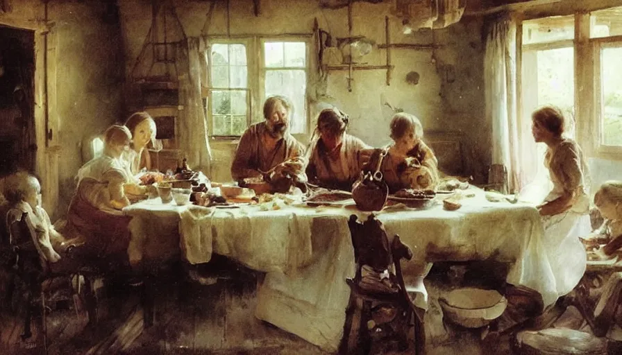 Image similar to simple villager family about to eat a meal together in their beautiful simple cottage home, art by anders zorn, wonderful masterpiece by greg rutkowski, beautiful cinematic light, american romanticism thomas lawrence, greg rutkowski