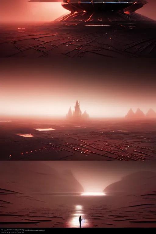Prompt: futuristic atmosphere in the desert 3 d concept art, cinematic lighting, bladerunner scene, intricate details, building by zaha hadid, stormy weather, emissary space by arthur haas and bruce pennington and john schoenherr, cinematic matte painting, dark moody monochrome colors, red lasers, trending on artstation, featured on behance