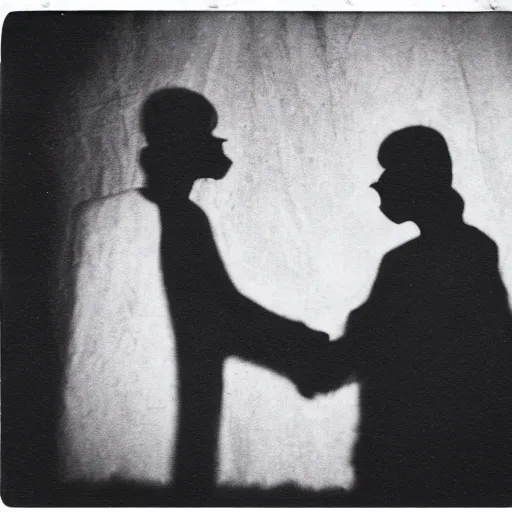 Image similar to two shadowy demons shaking hands and looking at the camera, horror, nightmare, terrifying, surreal, nightmare fuel, old polaroid, blurry, expired film, lost footage, found footage,