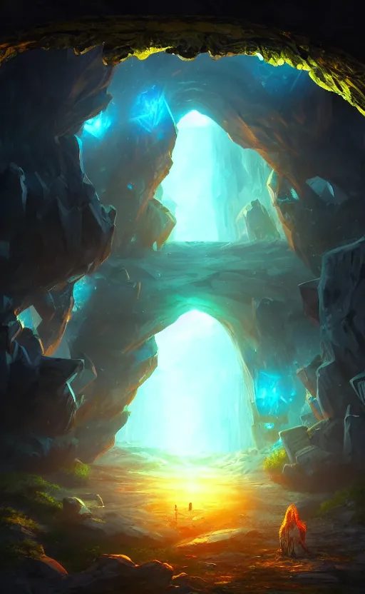 Image similar to a magic portal in the distance of a giant cave, crystals, dynamic lighting, ambient lighting, atmospherical, photorealistic fantasy concept art, trending on art station, stunning visuals, creative, cinematic, ultra detailed