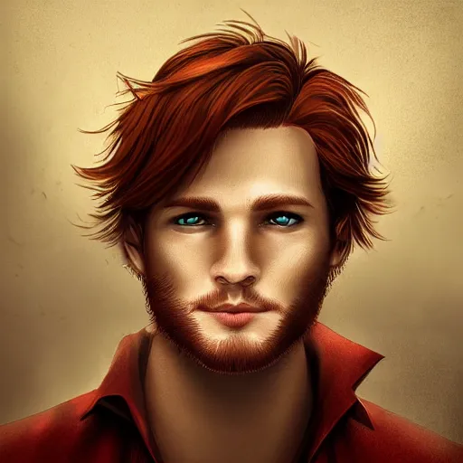 Prompt: professional digital art of a man with natural reddish hair and green eyes, popular, high quality, highly detailed, hd, 4 k