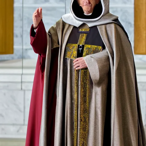 Image similar to pope benedict wearing sith cloak as chancelor palpatine in star wars episode 3, 8 k resolution, cinematic lighting, anatomically correct