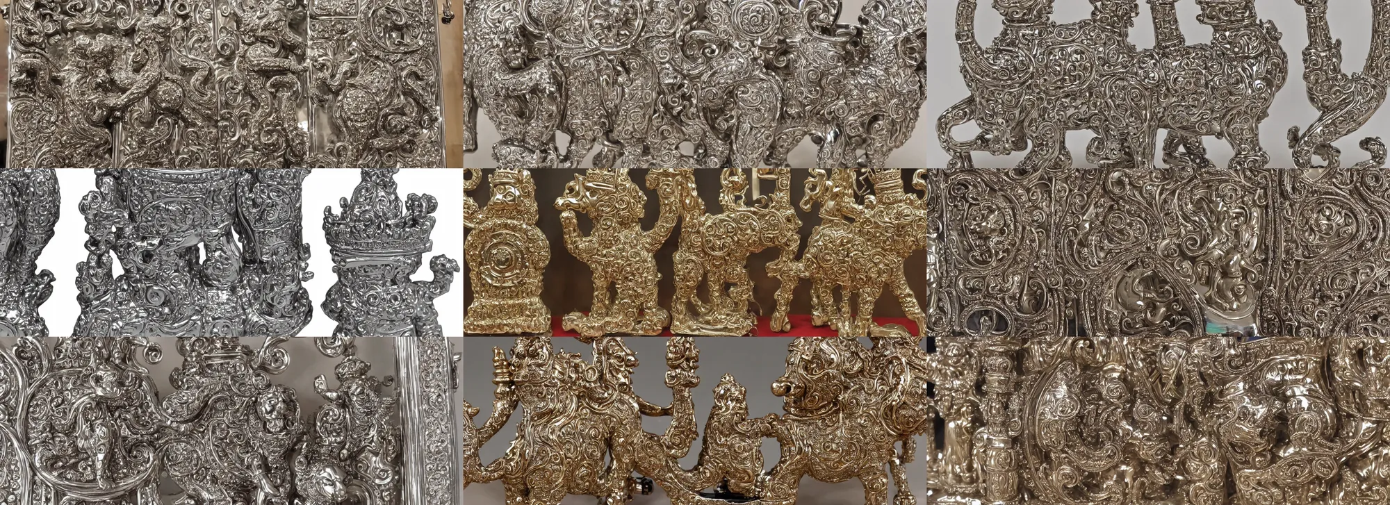 Prompt: highly detailed ornate filigreed convoluted ornamented elaborate chrome hanukkiah with two lions on back feet holding tablets of stone with a crown