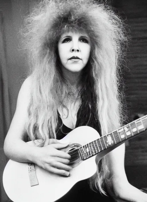 Image similar to dslr portrait photo still of 2 4 year old stevie nicks at age 2 4 with red hair playing a guitar, 8 5 mm, f 1. 8