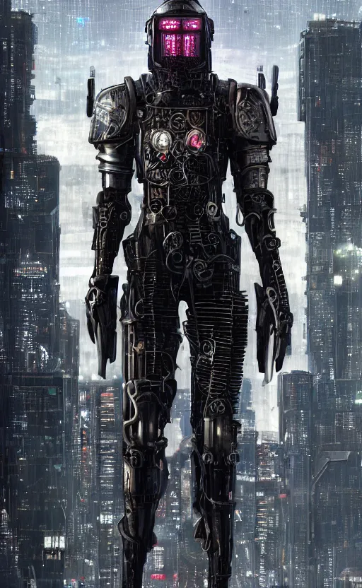 Prompt: a cyberpunk dystopian medieval knight, city background, ominous, fantasy, science fiction, intricate, very detailed, cyberpunk suit, cinematic lighting, sharp, 4k, by James Gurney