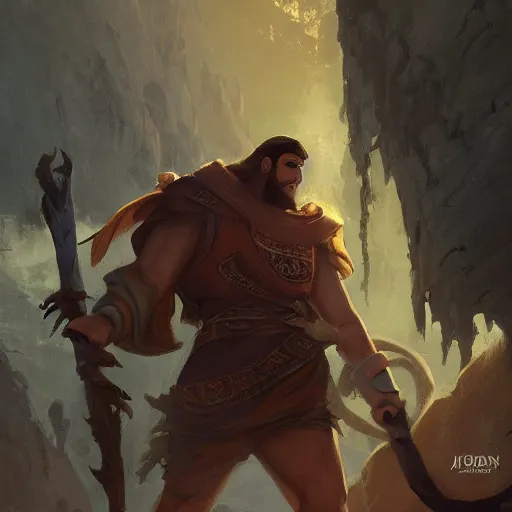 Image similar to 17 year old middle eastern skinned boy standing strong. Goliath, the Giant man stands behind. Cinematic, epic by andreas rocha and john howe, and Martin Johnson