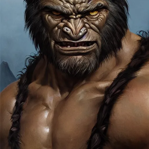 Image similar to portrait of a young ruggedly handsome hulking herculean orc bugbear demon barbarian, male, masculine, upper body, night black hair, fantasy, frown, war face paint, intricate, elegant, highly detailed, digital painting, artstation, concept art, matte, sharp focus, illustration, art by artgerm and greg rutkowski and alphonse mucha