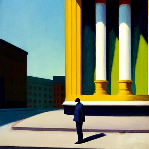 Prompt: painting of a lone man in front of a tall building. by edward hopper and james gilleard