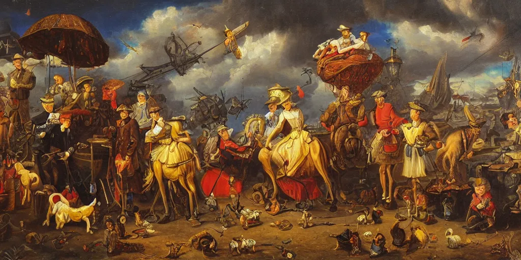 Prompt: refined dutch golden age oil painting pop surreal masterpiece in the style of robert williams,