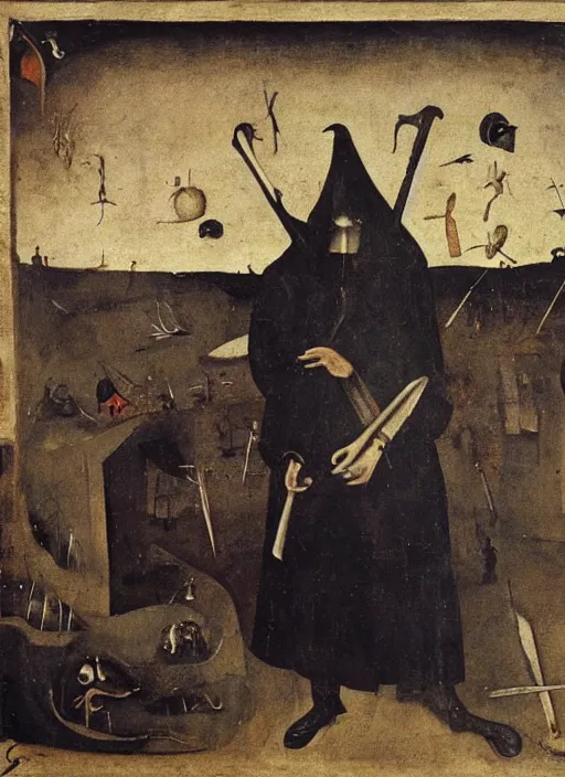 Prompt: death dressed in black and with a scythe painted by hieronymus bosch,