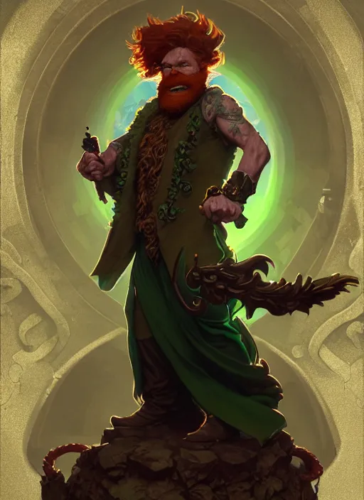 Prompt: cinematic full body portrait of sneering leprechaun, dark red beard, floating magical charms by artgerm, cushart krenz, greg rutkowski, mucha. art nouveau. gloomhaven, green tones and golden charms, vibrant colors, sharp edges. ultra clear detailed. 8 k. elegant, intricate, octane render