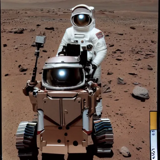 Prompt: polaroid carl sagan in a spacesuit on mars, with rover, detailed face