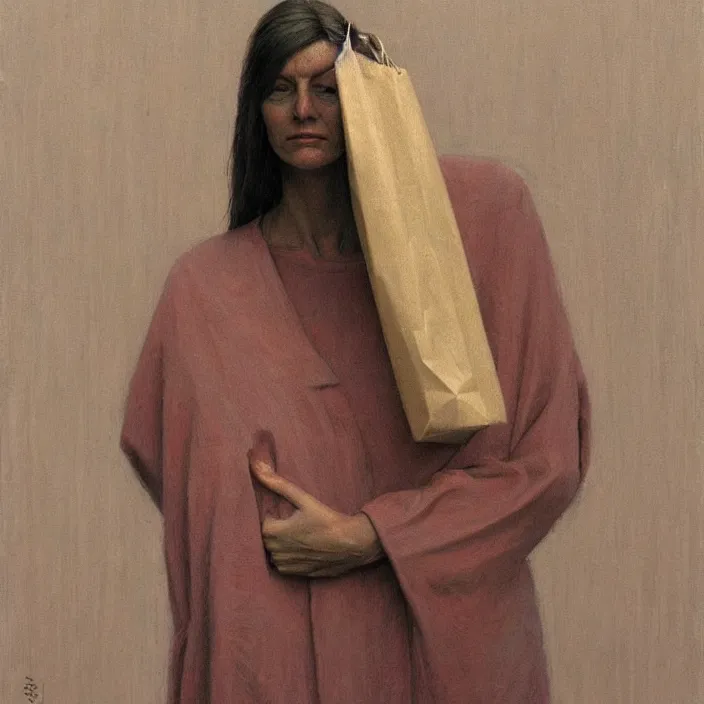 Image similar to woman portrait with a paper bag over the head, highly detailed, artstation, art by zdislav beksinski, wayne barlowe, edward hopper