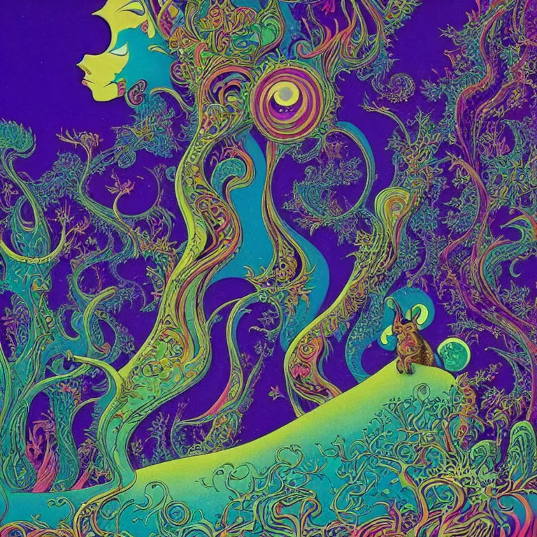 Prompt: psychedelic cat infinite fractal worlds vibrant colors highly detailed cinematic eyvind earle tim white philippe druillet roger dean lisa frank aubrey beardsley