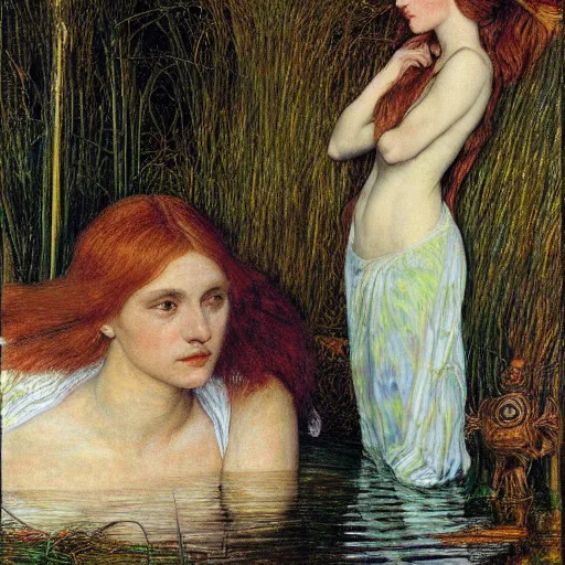 Image similar to breathtaking masterpiece of art, elizabeth eleanor siddall as ophelia floating on the water fully clothed in flowing medieval clothes amongst the reeds by william holman hunt and rosetti, 8 k