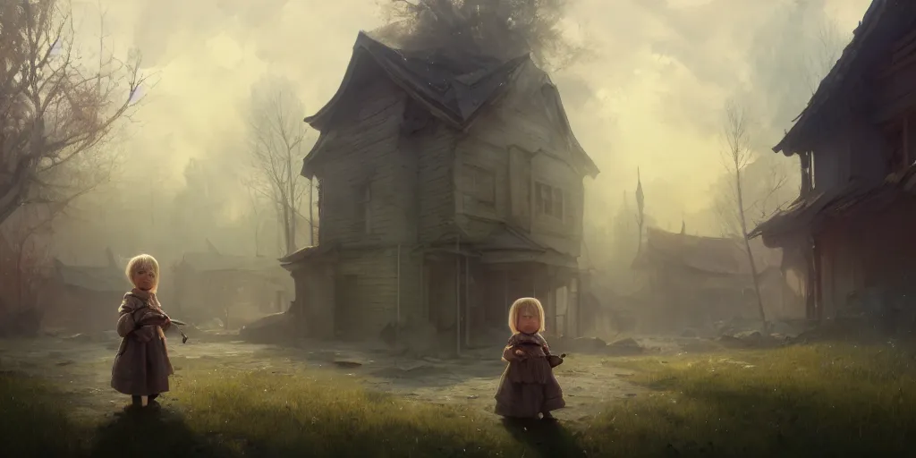 Image similar to big - eyed nordic sweet little girl looking sad in front of bombed house, extremely detailed digital painting, in the style of fenghua zhong and ruan jia and jeremy lipking and peter mohrbacher, mystical colors, rim light, beautiful lighting, 8 k, stunning scene, raytracing, octane, trending on artstation