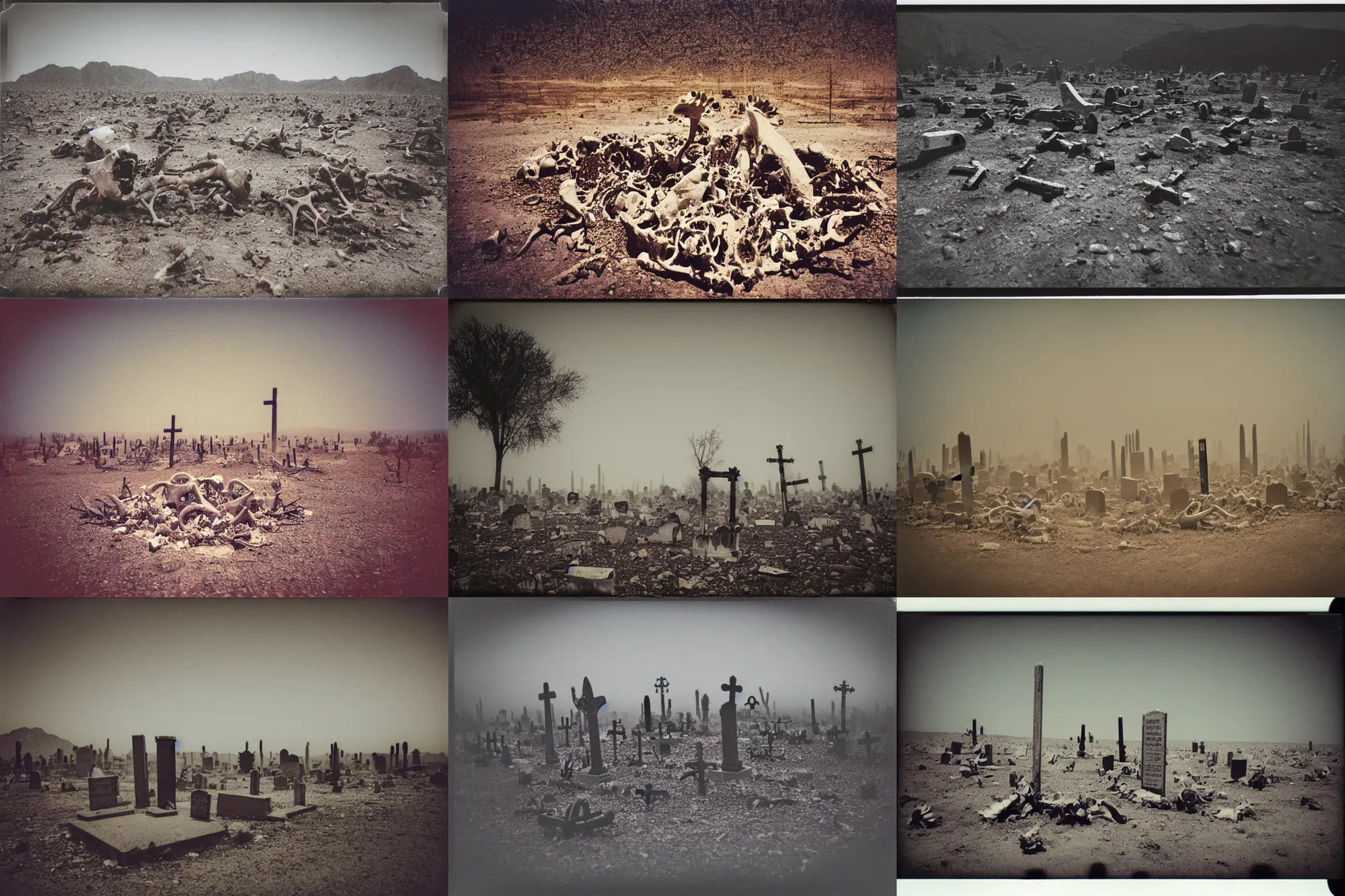 Prompt: polaroid photograph, travel photography, an abandoned graveyard in the desert of an alien world, bones on the ground, motion blur, volumetric fog