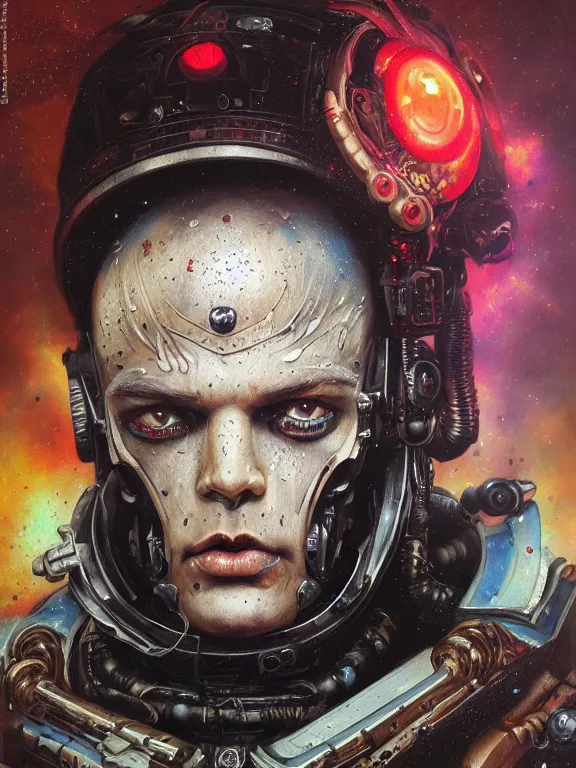 Image similar to art portrait of a space marine ,8k,by tristan eaton,Stanley Artgermm,Tom Bagshaw,Greg Rutkowski,Carne Griffiths, Ayami Kojima, Beksinski, Giger,trending on DeviantArt,face enhance,hyper detailed,minimalist,cybernetic, android, blade runner,full of colour,