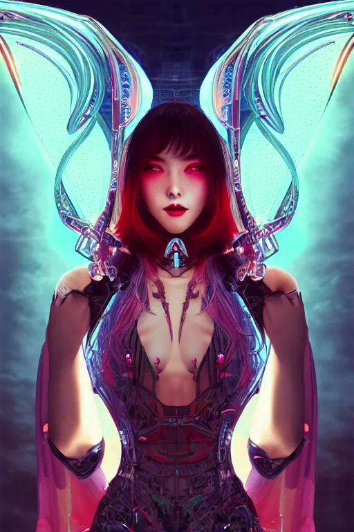 Image similar to portrait futuristic Devil Girl with horns and wings, in future cyberpunk tokyo rooftop , ssci-fi, fantasy, intricate, very very beautiful, elegant, human anatomy, neon light, highly detailed, digital painting, artstation, concept art, smooth, sharp focus, illustration, art by tian zi and WLOP and alphonse mucha