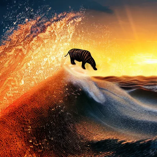 Image similar to a closeup photorealistic photograph of a knitted cute tiger hippopotamus riding an epic wave during sunset. extreme texture. surf in the background. professional capture. brightly lit scene. this 4 k hd image is trending on artstation, featured on behance, well - rendered, extra crisp, features intricate detail, epic composition and the style of unreal engine.