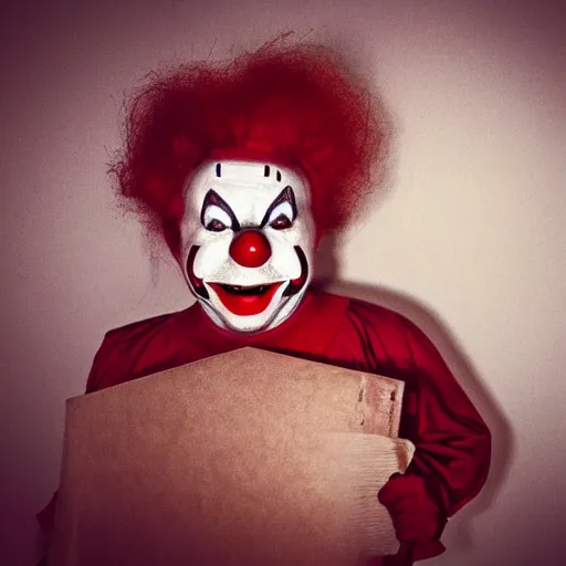 Image similar to terrifying clown in the corner of a dark room, creepypasta, blurry camera photo