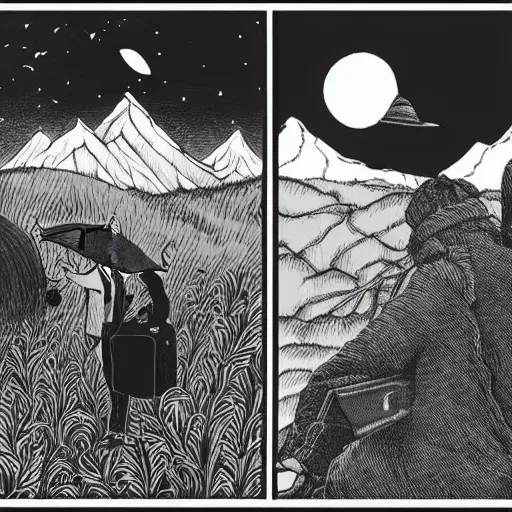 Image similar to a black and white cross - hatching edward gorey illustration of a man in old fashioned clothes waits by the side of the dark and lonely mountain road with his suitcase, stormy night time in the mountains highly detailed in the style of edward gorey, artgerm, 8 k resolution - c 5