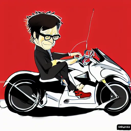 Prompt: jurgen klopp riding a motorcycle in a tuxedo, anime, manga, digital art