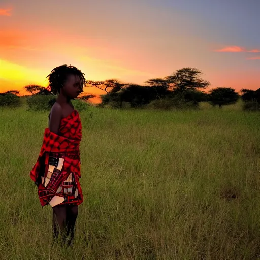 Image similar to a maasai girl standing in the savanna during a sunset by studio ghibli