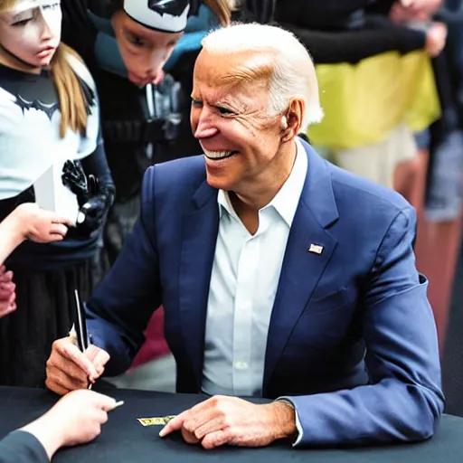 Prompt: joe biden dressed as batman and signing autographs