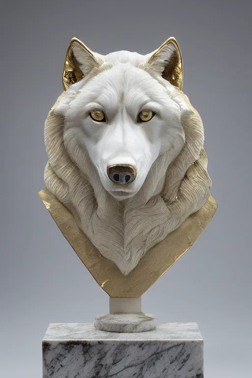 Image similar to a white marble bust of a wolf with gold filigree