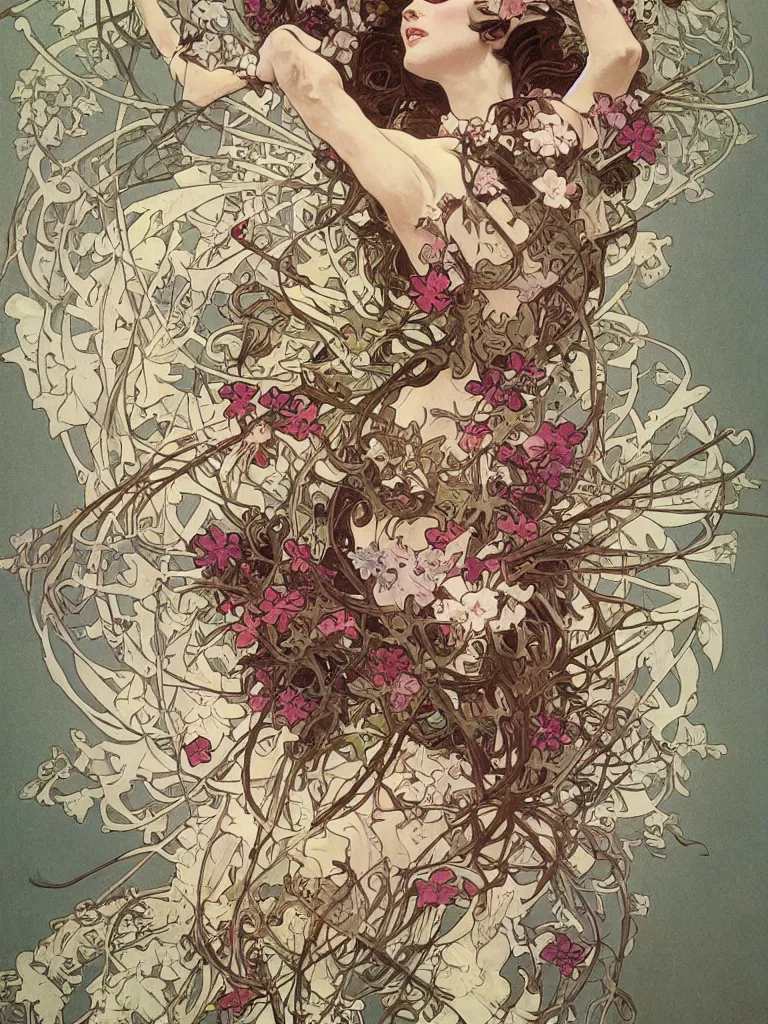 Prompt: a skeleton covered in flowers in a dynamic pose, alphonse mucha, james jean, peter mohrbacher, highly detailed, soft lighting,