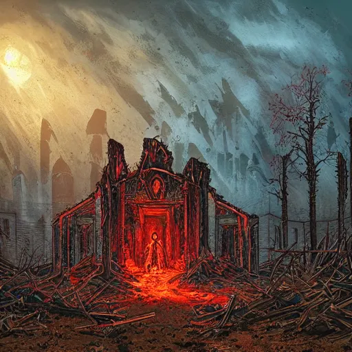 Image similar to a bloody sacrificial alter in ruins by Dan Mumford. Post apocalyptic