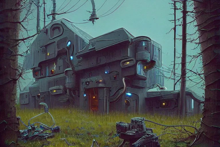 Image similar to beautiful painting of a futuristic house in the style of Simon Stålenhag and H. R. Giger, detailed, trending on Artstation