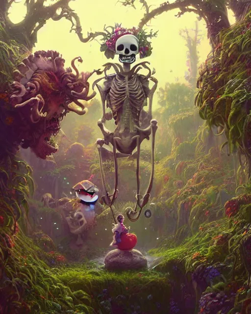 Image similar to highly detailed surreal vfx portrait of a happy skeletons in a fairytale world, stephen bliss, unreal engine, greg rutkowski, loish, rhads, beeple, makoto shinkai and lois van baarle, ilya kuvshinov, rossdraws, tom bagshaw, alphonse mucha, global illumination, detailed and intricate environment