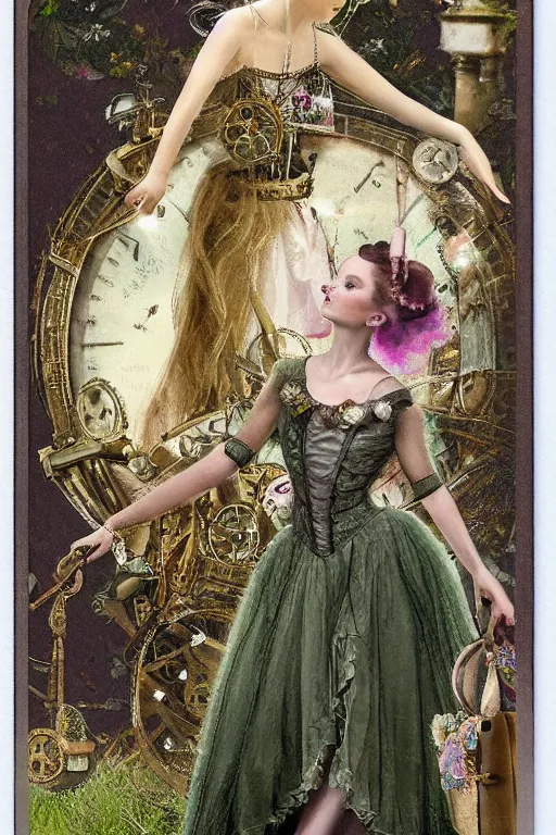 Image similar to beautiful digital oil vintage greeting card steampunk style ballerina key in back by Arthur Hughes