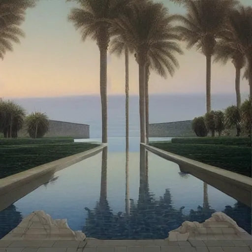 Image similar to David Ligare masterpiece, hyperrealistic surrealism, award winning masterpiece with incredible details, beautiful lighting, pool caustics, illuminated orbs, epic stunning, infinity pool, a surreal vaporwave liminal space, highly detailed, trending on ArtStation, broken giant marble head statue ruins, calming, meditative, geometric liminal space, palm trees, very vaporwave, very very surreal, sharp details
