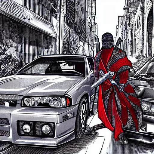 Image similar to beautiful hyper-detailed illustration of a ninja warrior with a sword, driving through the city, in a modified Nissan skyline r34