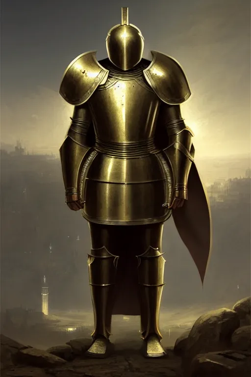 Prompt: white man looking forward in iron decorated plate armor with golden cross on chest, cylindrical crusader great helm covering all his head and white silk cape covering his back and elbows standing at the gates of jerusalem drawn by greg rutkowski realistic high detail