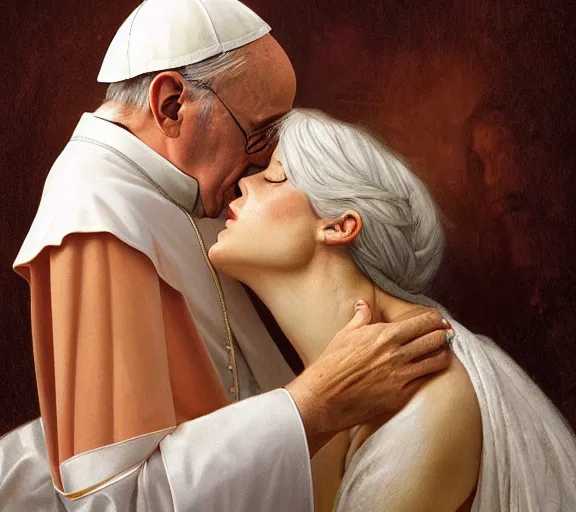 Image similar to photography of a pope kissing the breast of a sensual woman, deep focus, intricate, elegant, highly detailed, digital painting, artstation, concept art, matte, sharp focus, illustration, art by artgerm and greg rutkowski and alphonse mucha